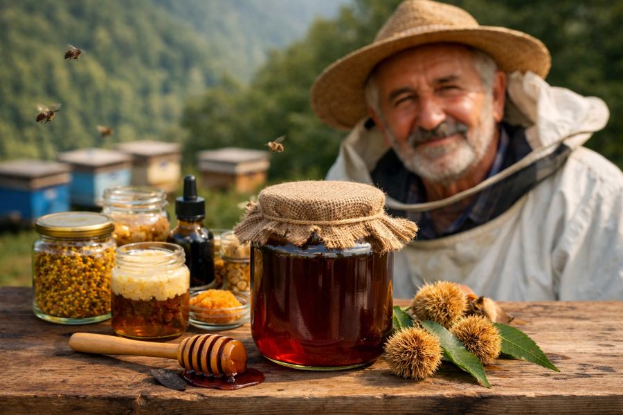 Artvin’de geleneksel yöntemlerle üretim yapan arıcının kestane balı, polen, propolis ve arı ekmeği ile hazırladığı doğal arı ürünleri