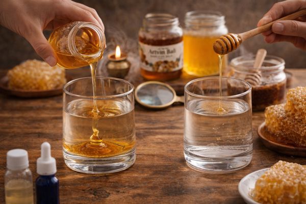 Gerçek bal ile sahte balın farkını gösteren, su testi ve doğal bal dokusunu yansıtan gerçekçi görsel