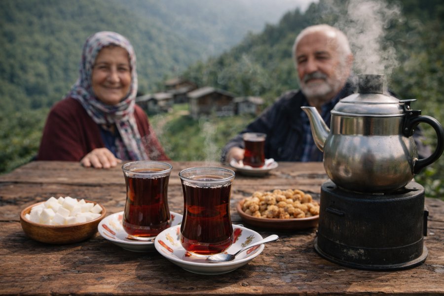 Karadeniz yaylalarında semaverde demlenen çayın ince belli bardaklarda sohbet eşliğinde içildiği geleneksel çay keyfi