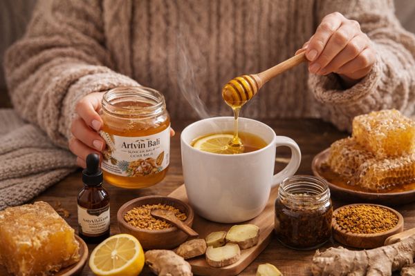 Kış aylarında bal, polen, propolis ve arı ekmeğinin günlük kullanımını gösteren doğal ve gerçekçi masa düzeni