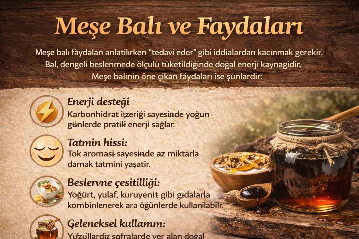 Yoğun kıvamlı meşe balı kavanozu, yanında yoğurt ve kuruyemiş ile birlikte doğal enerji kaynağı olarak sunulan salgı balı görseli.