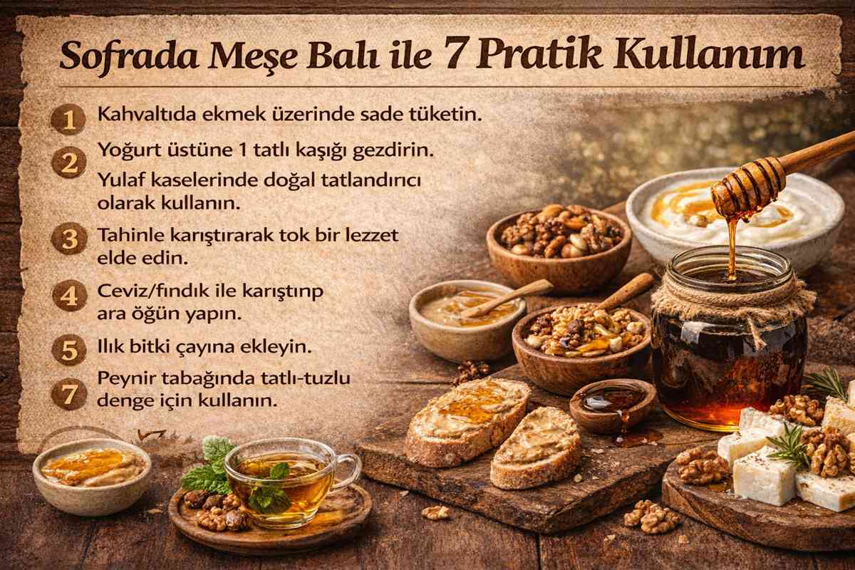 Kahvaltı sofrasında meşe balı kavanozu, yoğurt, tahin, kuruyemiş, peynir ve bitki çayı ile birlikte meşe balının pratik kullanım alanlarını gösteren görsel.