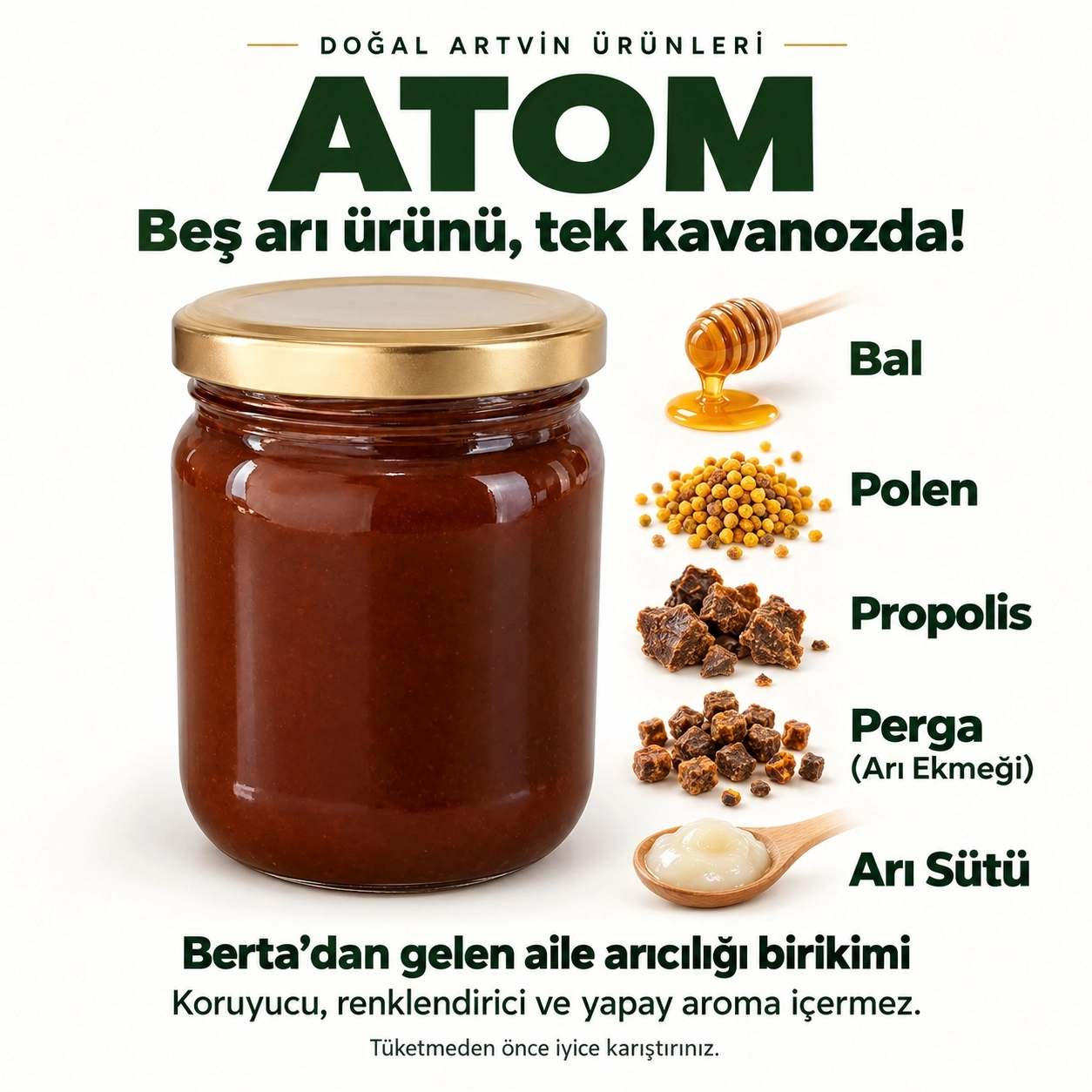 Arı Ürünleri Karışımı Atom 250 g | Bal, Polen, Propolis, Perga ve Arı Sütü