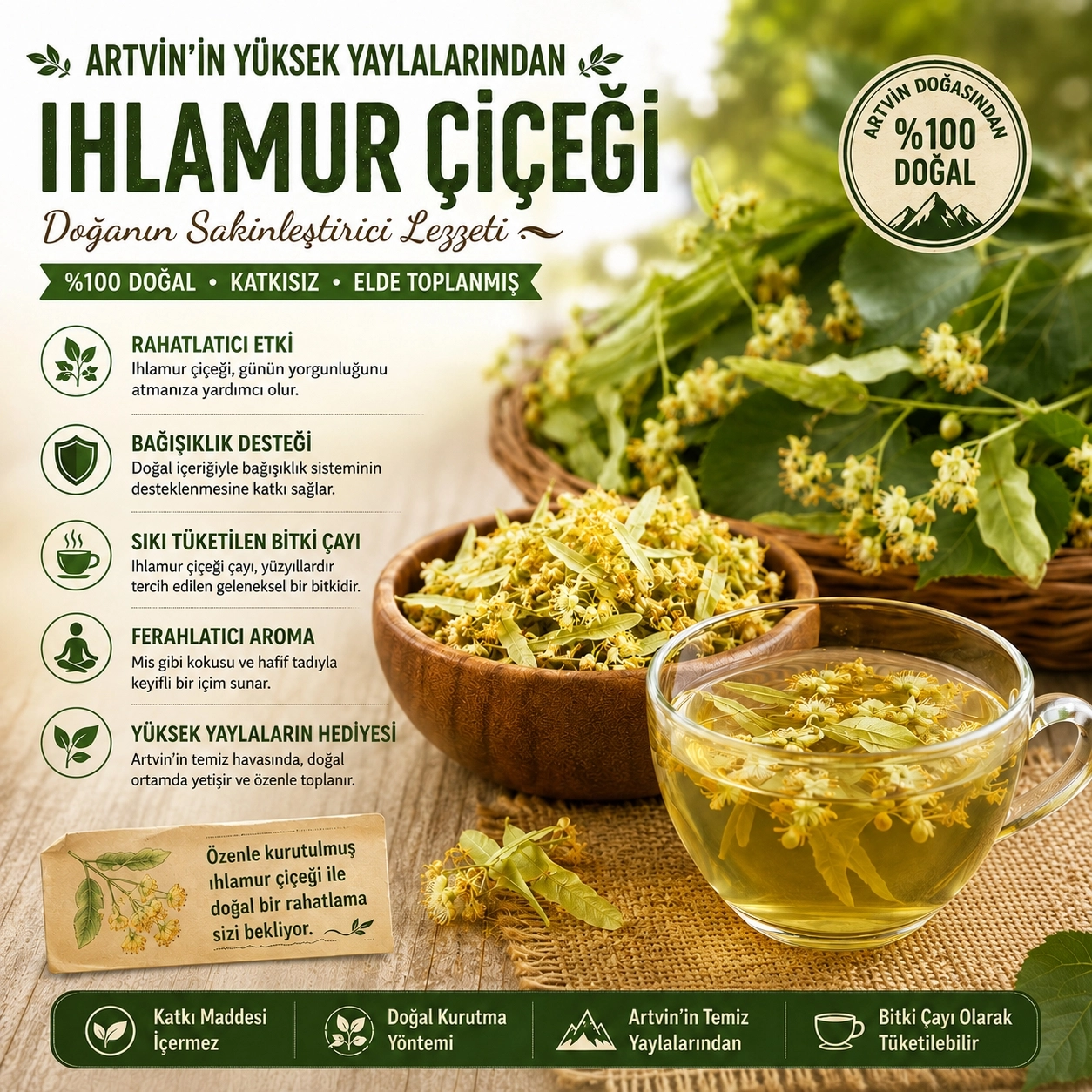 Artvin Berta Ihlamur Çiçeği 75 g | Gölgede Kurutulmuş Doğal Ihlamur Çayı