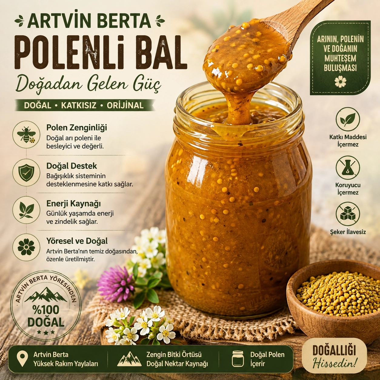 Artvin Doğal Polenli Bal 500 g | Berta Balı Geleneksel Üretim