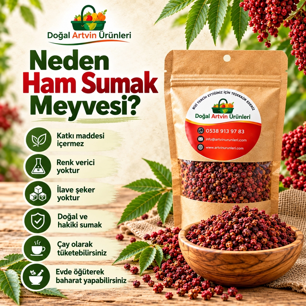 Tane Sumak 100 g | Artvin’den %100 Katkısız Ham Sumak Meyvesi (Öğütülmeye Uygun)