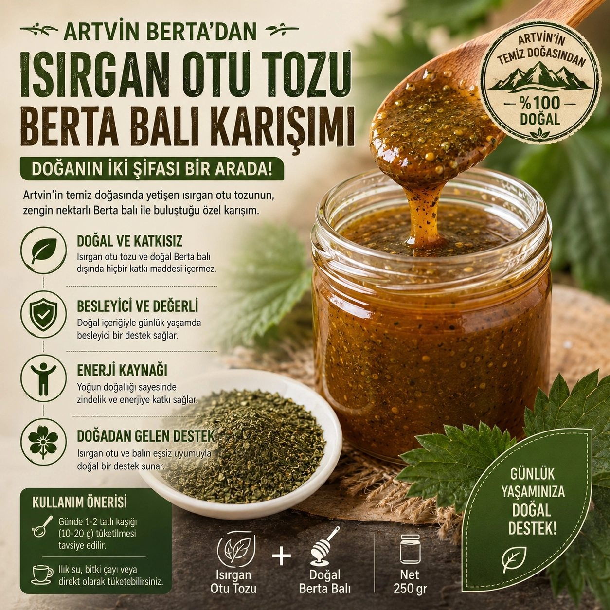 Isırgan Otu Tohumu Bal Karışımı 250 g | Doğal Berta Balı ile Katkısız Yöresel Karışım