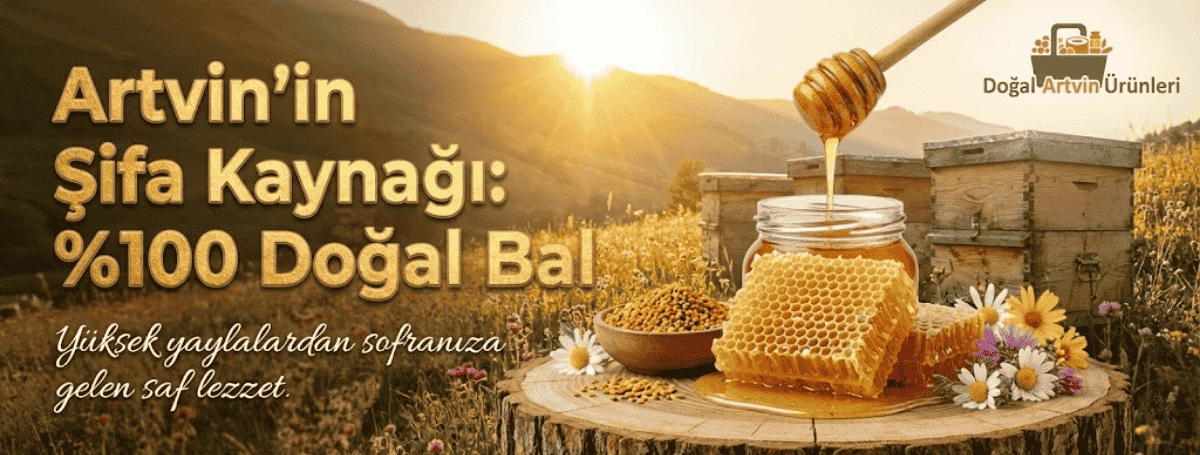 Doğal Artvin Ürünleri markasına ait, Artvin yüksek yaylalarından elde edilen %100 doğal bal, petek ve polenleri gösteren e-ticaret kategori banner görseli.